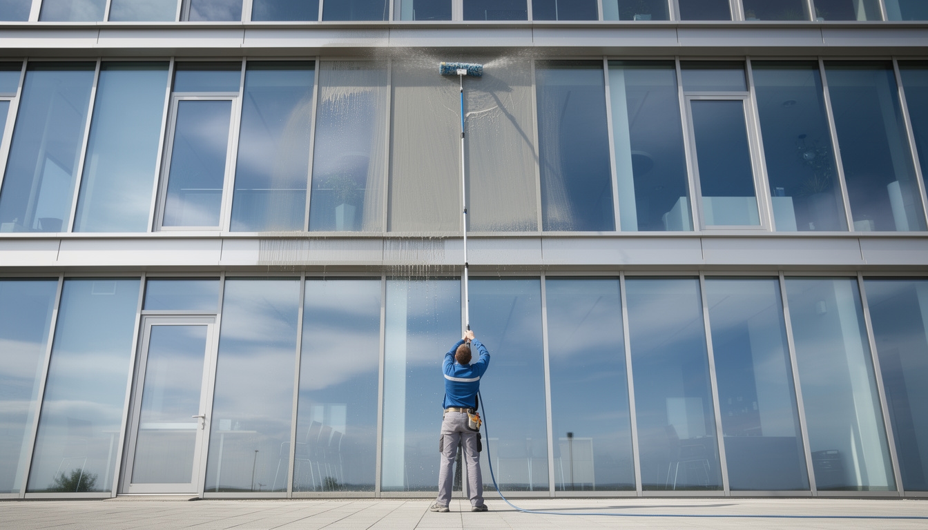 Curățare geamuri la înălțime cu sistem telescopic